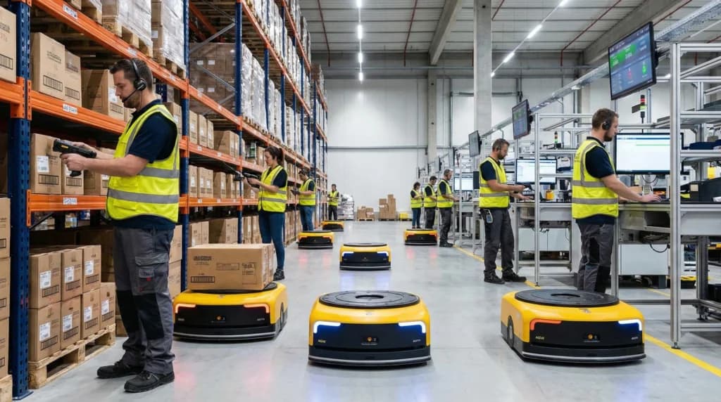Workers using scanners and AGVs for case picking in a modern, organized warehouse.