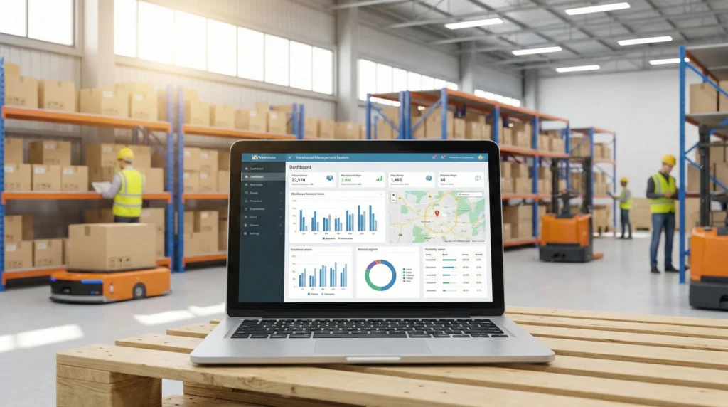 laptop in a warehouse with a Warehouse Management dashboard on the screen