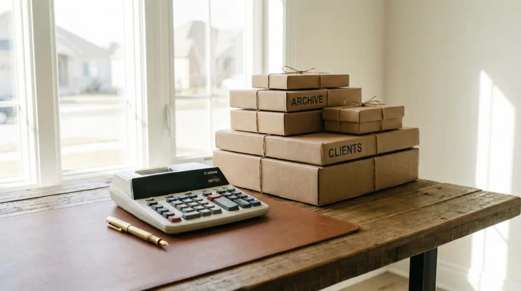 a desk with a calculator, pen and stack of boxes