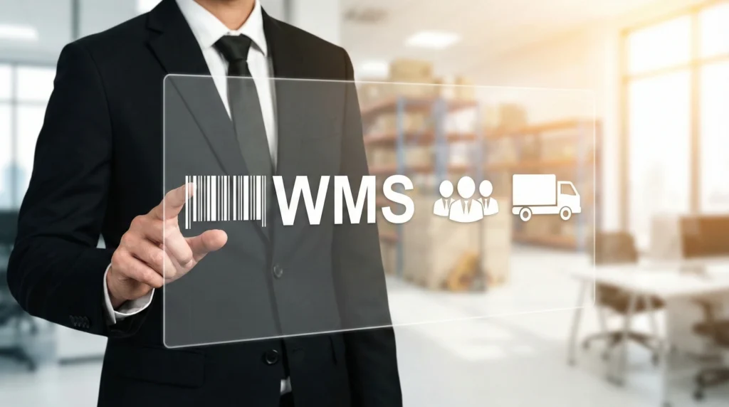 person in suit with a screen overlay of the words WMS, barcode, people and a truck