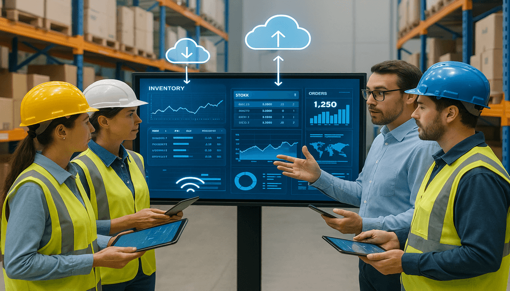 Warehouse workers and manager reviewing cloud-based inventory management system on digital dashboard