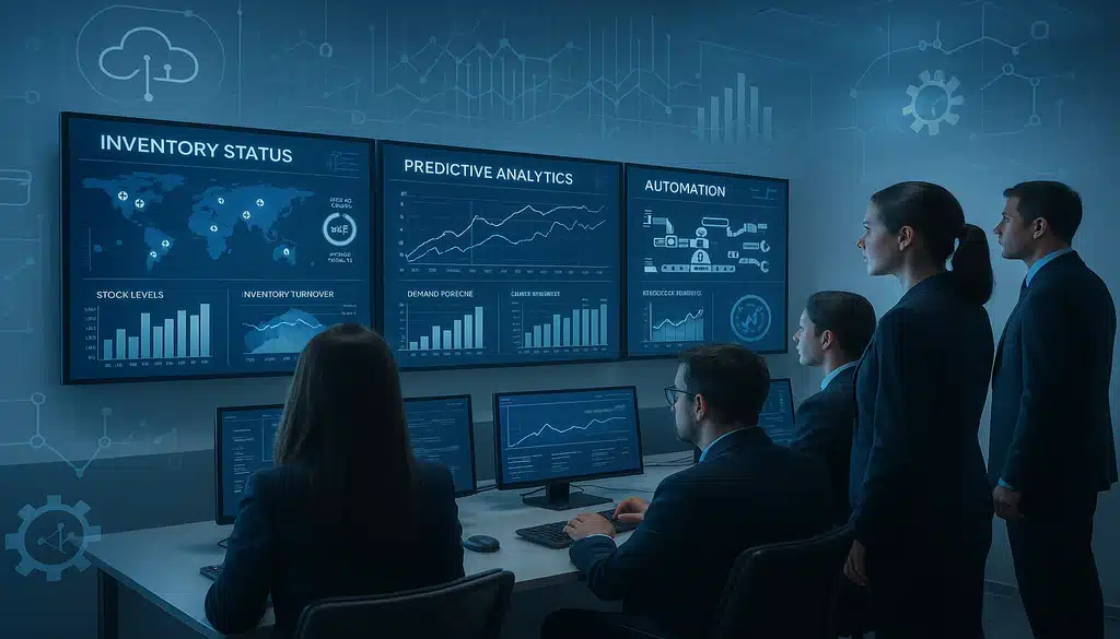 Business team analyzing holiday inventory management dashboard with predictive analytics and automation tools