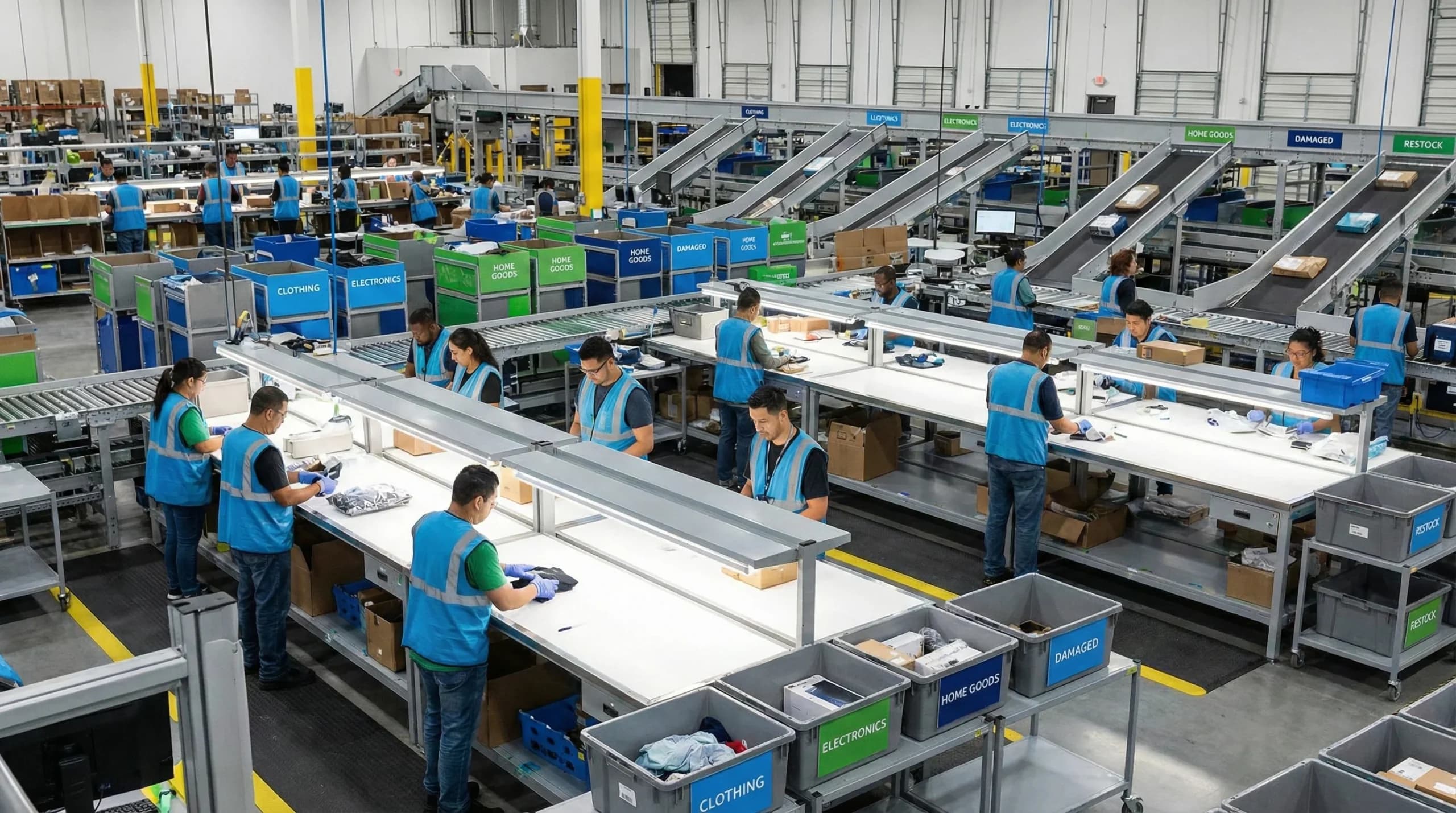Wide shot of distribution center operations.