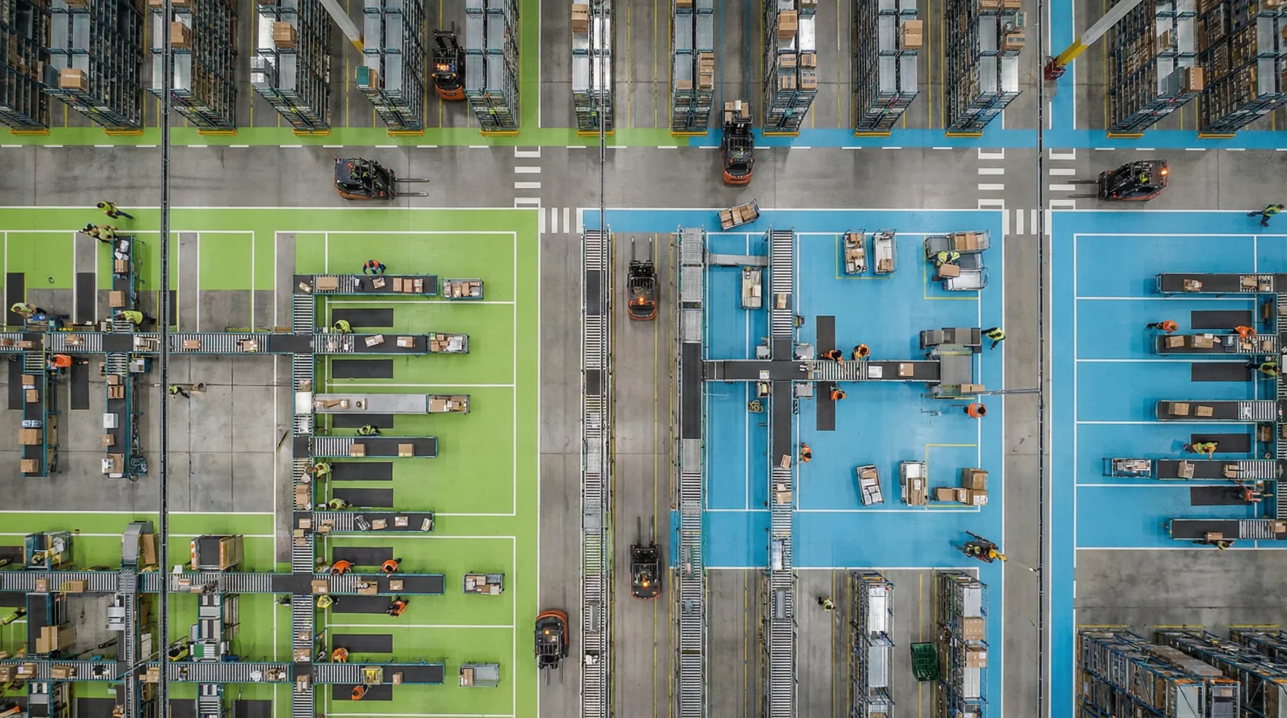 Aerial view of organized warehouse floor