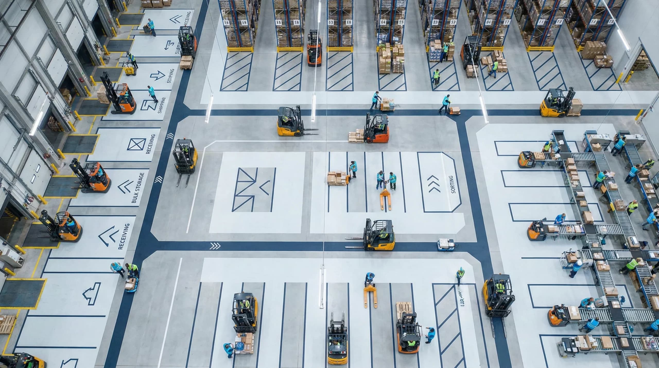 Aerial view of organized warehouse floor.