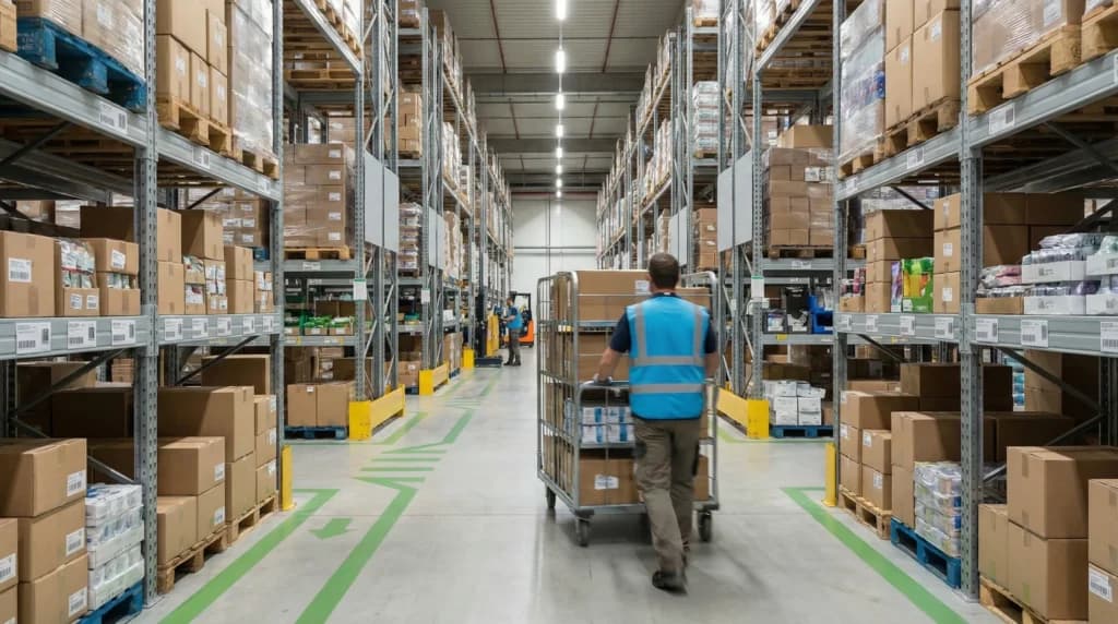 Warehouse aisle with organized products