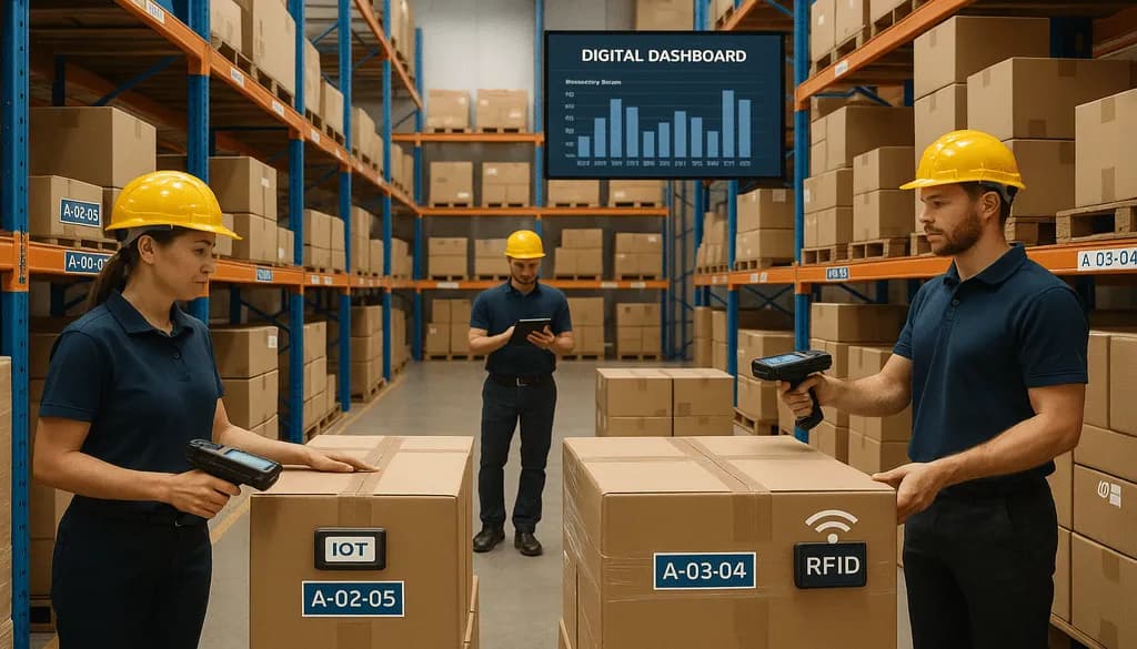 Warehouse workers using barcode scanners with WMS technology and digital inventory displays.