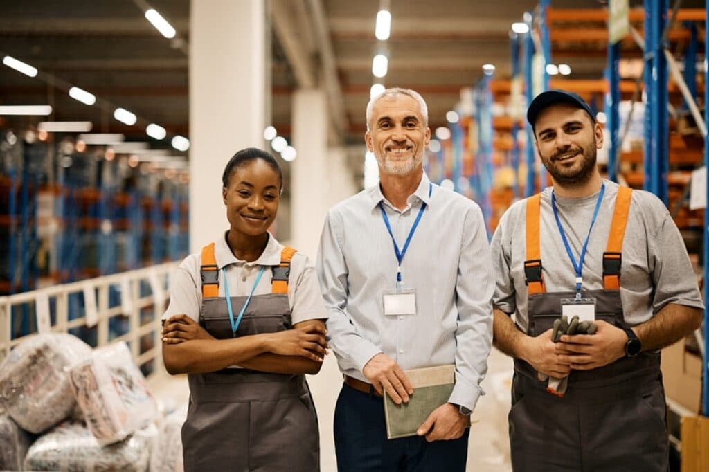 warehouse workers and supervisor smiling