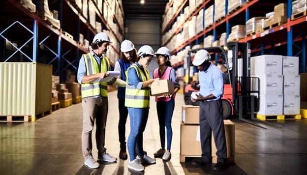 warehouse workers reviewing inventory received looking at paperwork and the box