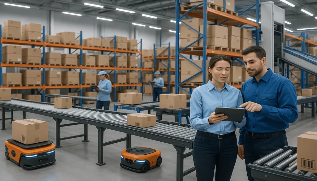 Automated warehouse with robots, conveyors, and staff using tablets for order fulfillment.