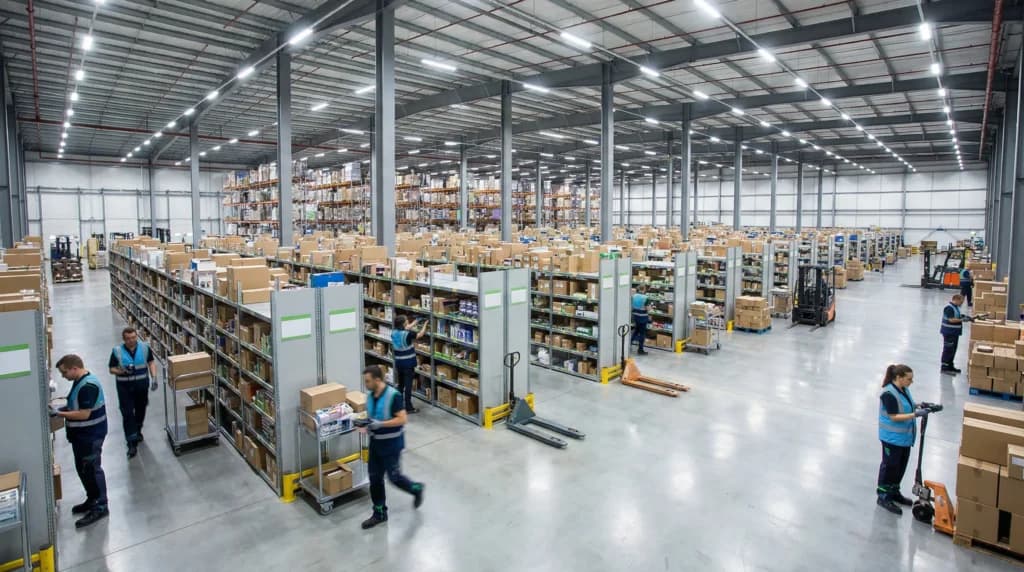 Warehouse interior with workers and shelves