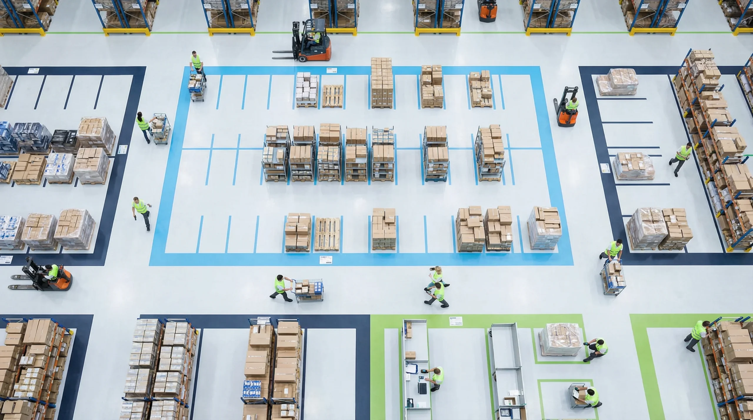 Aerial view of organized warehouse floor