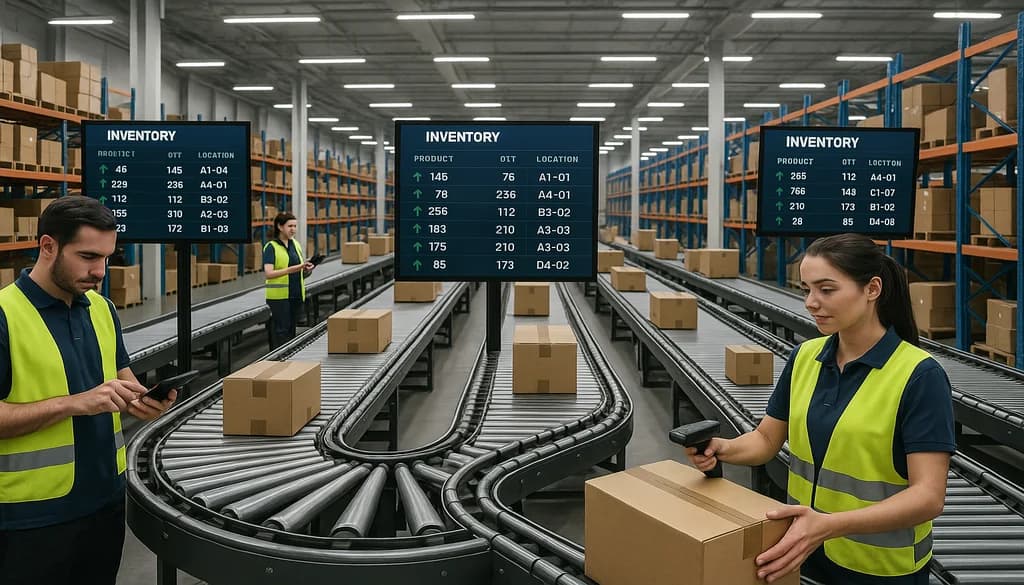 Warehouse workers using digital inventory management systems with automated conveyor belts and real-time stock displays