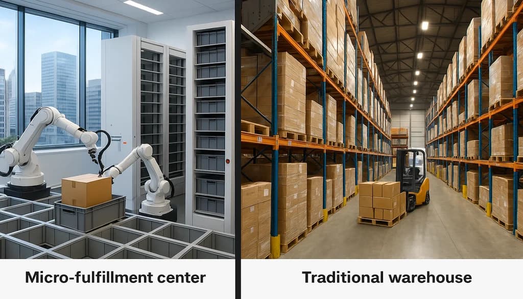 Split-screen comparison showing automated micro-fulfillment center versus traditional warehouse with forklift operations