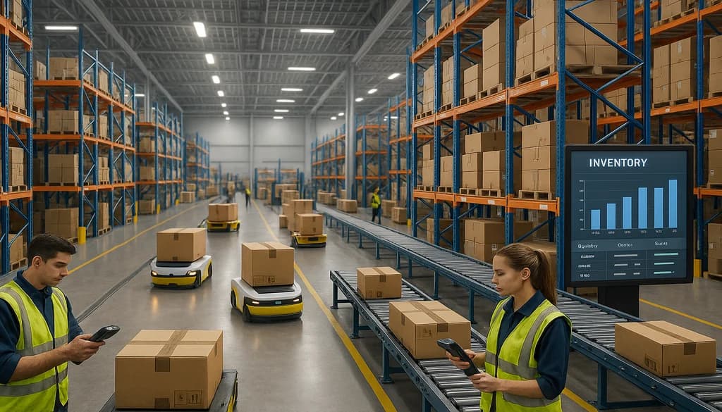 Modern 3PL warehouse with automated robots, workers monitoring inventory management systems