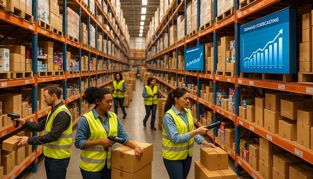 Warehouse workers in safety vests managing holiday inventory with demand forecasting analytics displayed