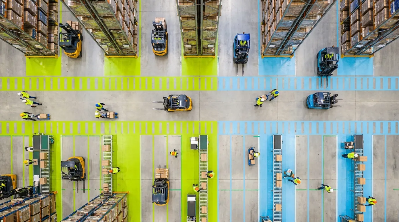 Aerial view of organized warehouse floor