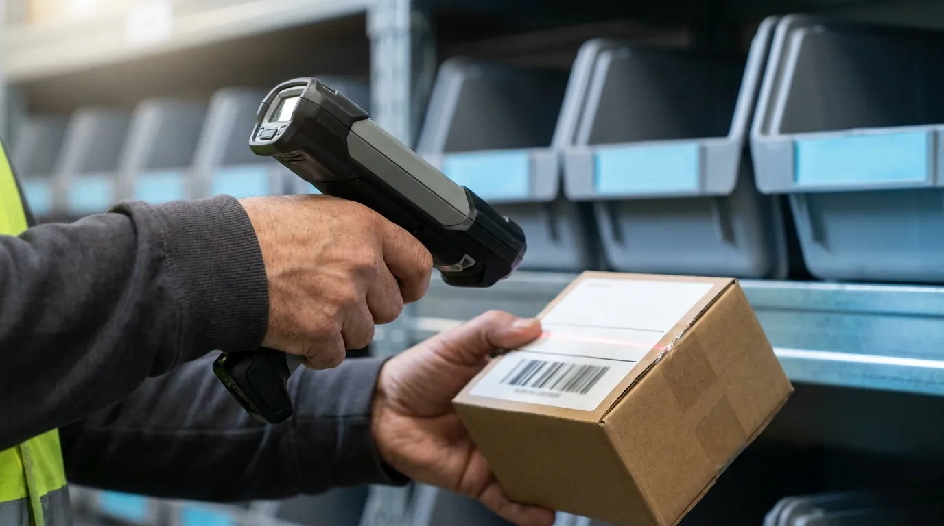 Worker scanning product barcode for warehouse fulfillment picking