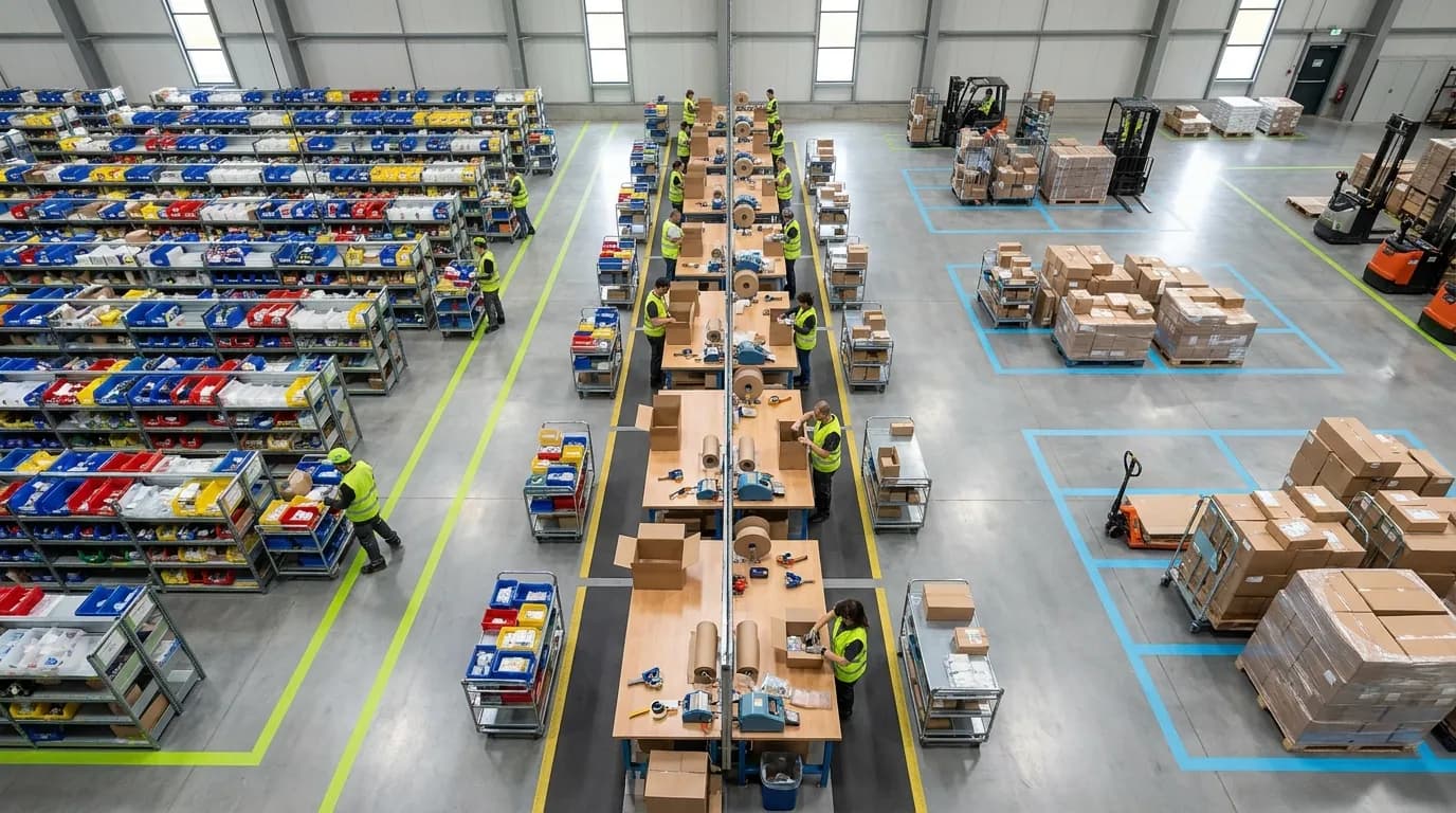Aerial view of pick, pack, and ship fulfillment area