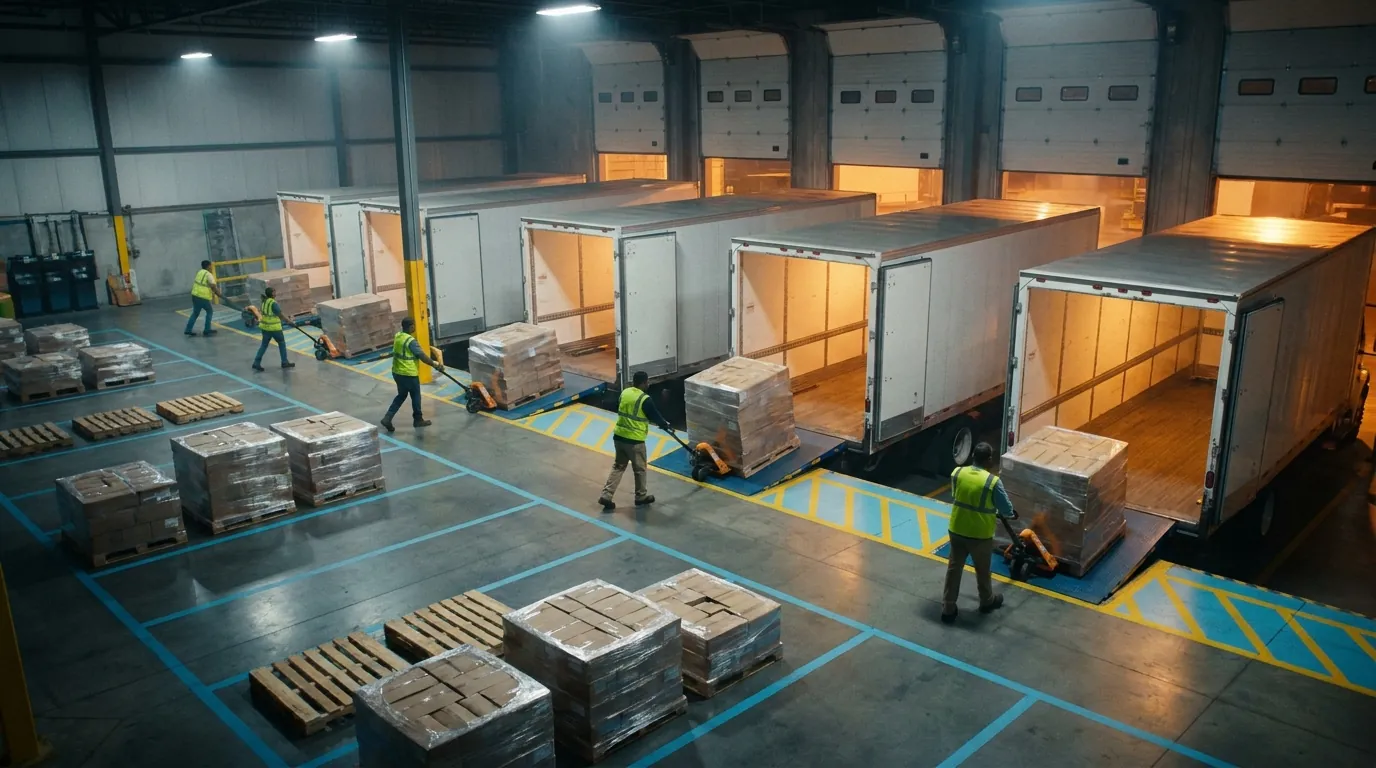 Workers loading pallets onto trucks at distribution center dock