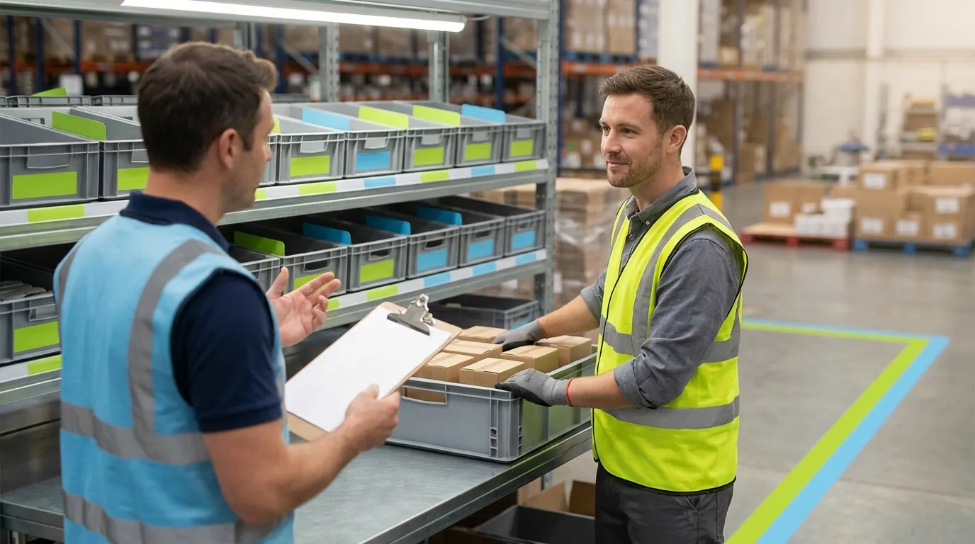 Supervisor coaching worker at warehouse picking station