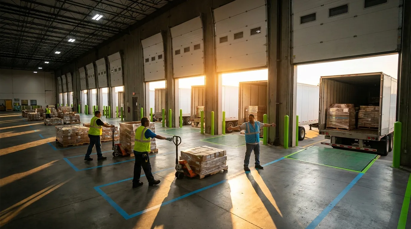 Workers loading pallets onto trucks at warehouse dock