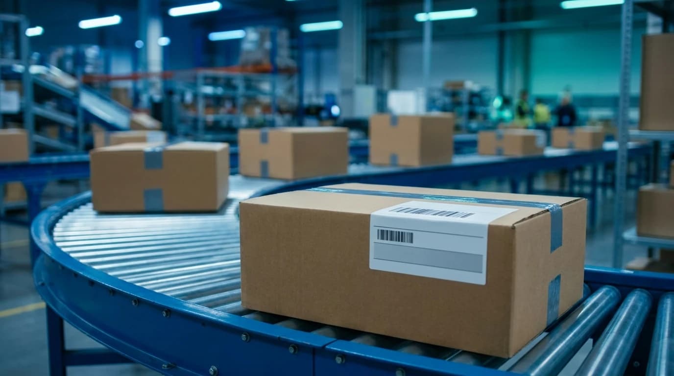 Amazon package on blue roller conveyor system in warehouse fulfillment center