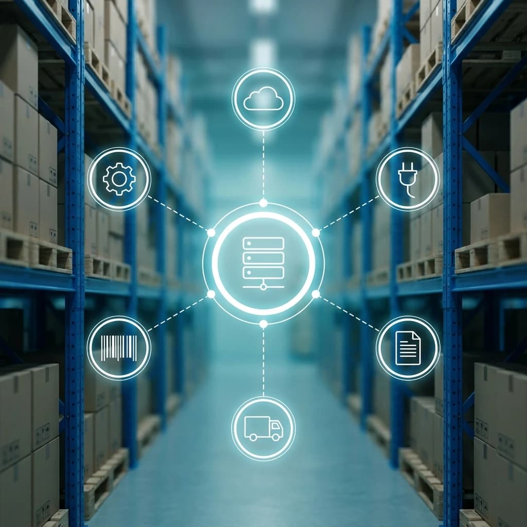 Warehouse with connected digital icons showing API integration and supply chain management