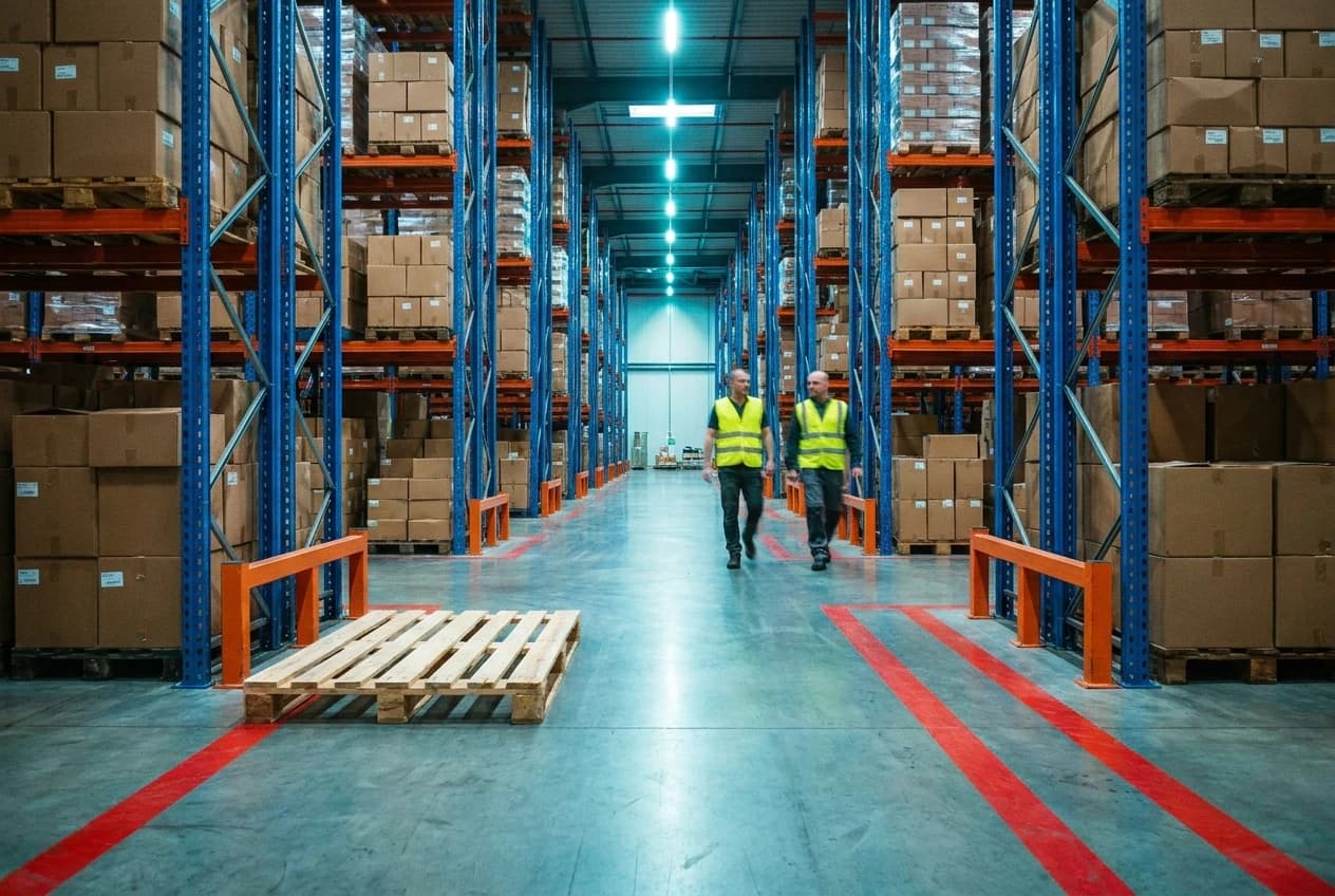 two warehouse workers in high-visibility vests walking down a racking aisle