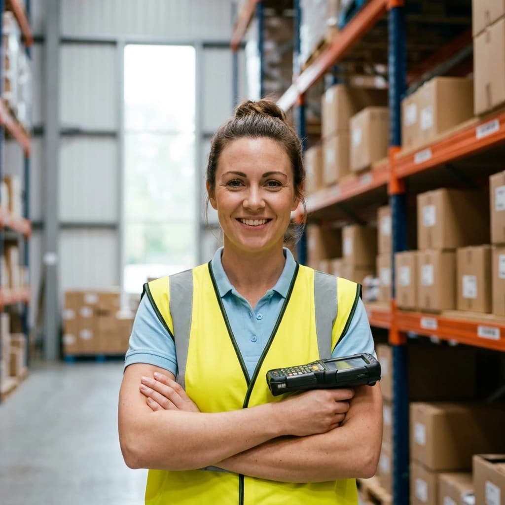 warehouse worker smiling, crossed arms, holding a scanner