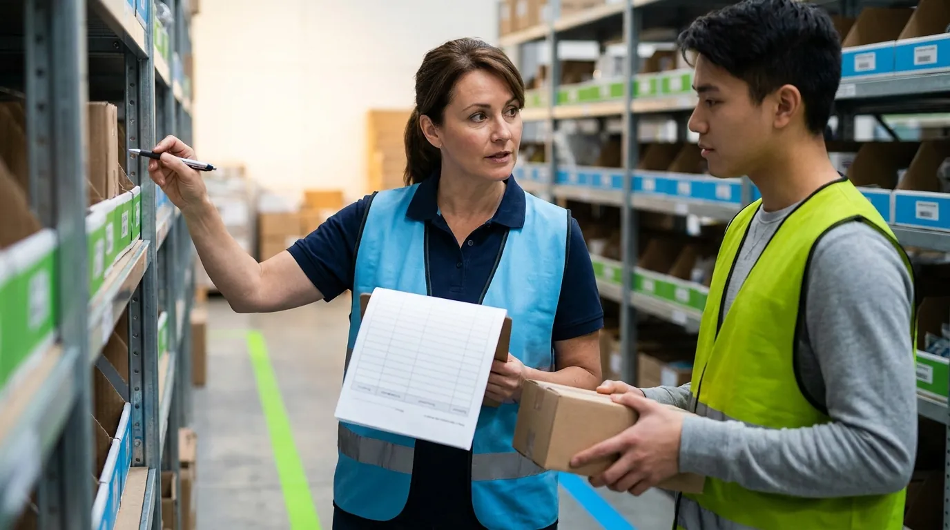 Supervisor with clipboard talking to worker at picking shelves