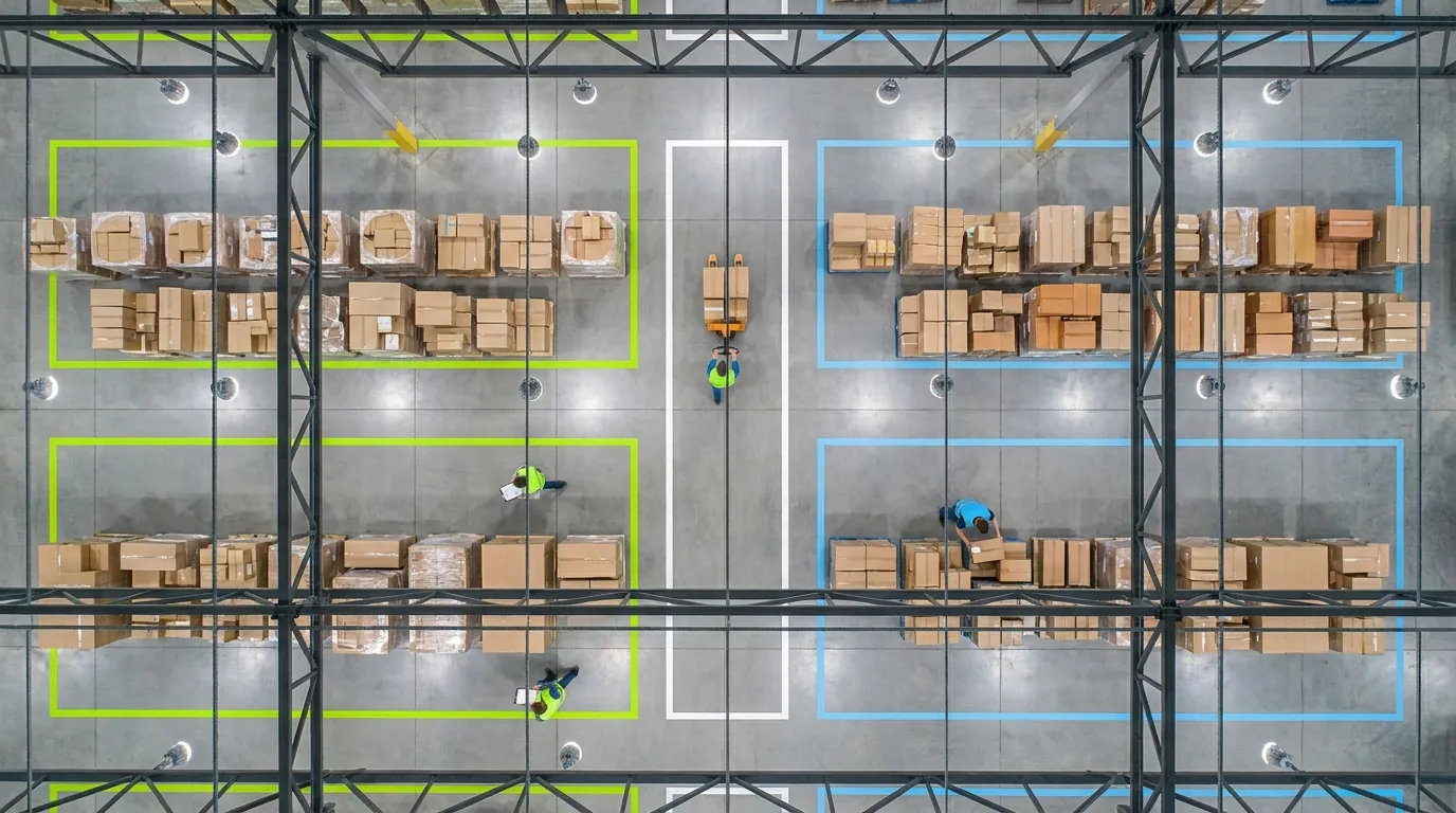 Aerial view of color-coded warehouse zones with workers