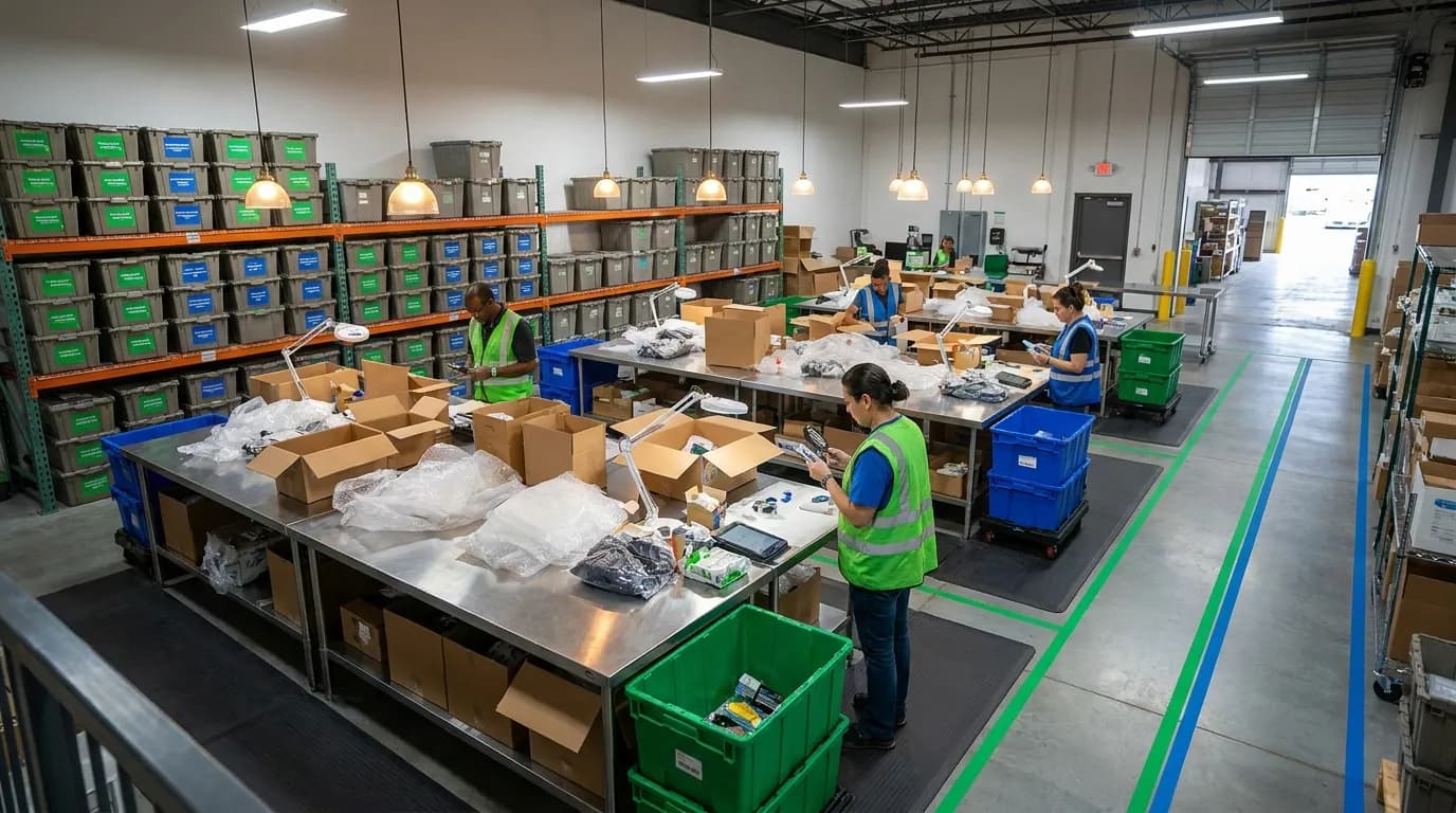 Workers inspecting and sorting returns at warehouse tables