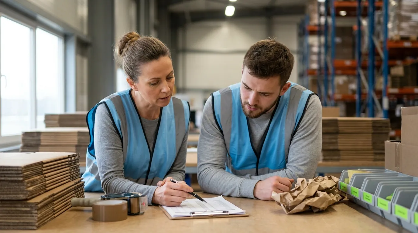Two warehouse workers reviewing a printed pick list