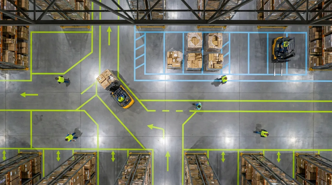 Aerial view of warehouse floor with color-coded zones