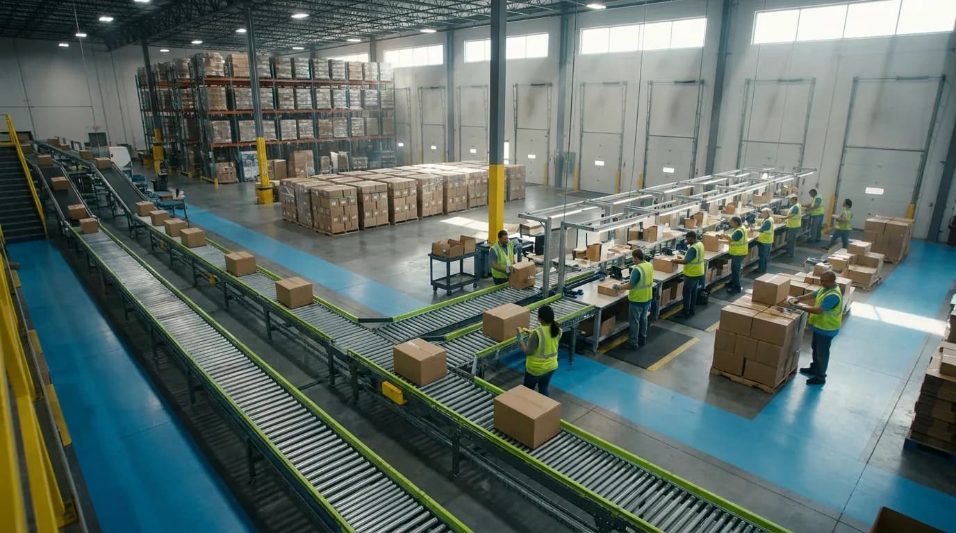 Wide shot of distribution center conveyors and packing stations