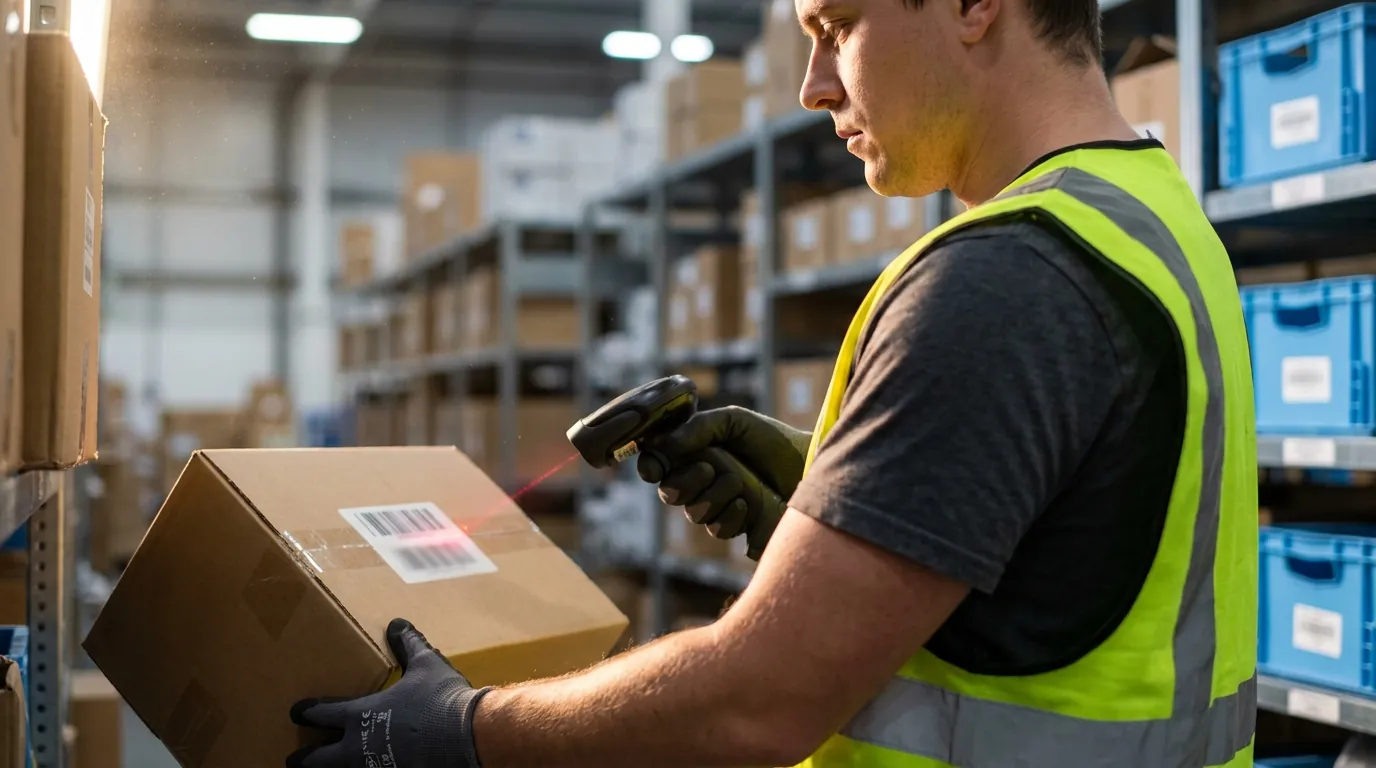 Warehouse worker scanning barcode on cardboard box