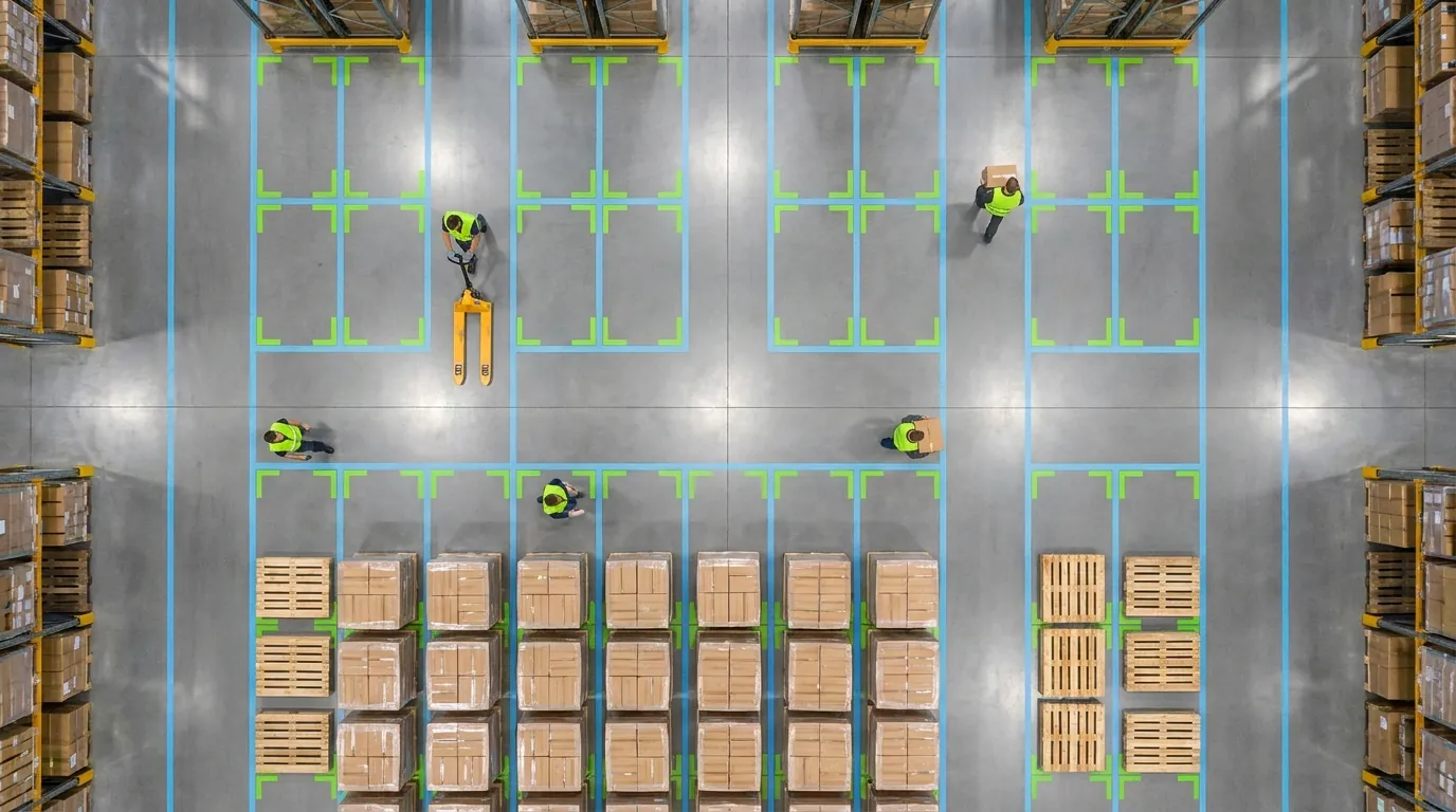 Overhead view of organized warehouse floor with staging areas