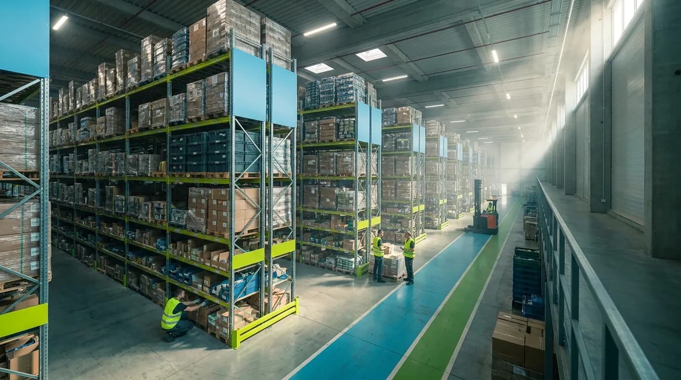 Wide shot of modern warehouse with stocked tall racks