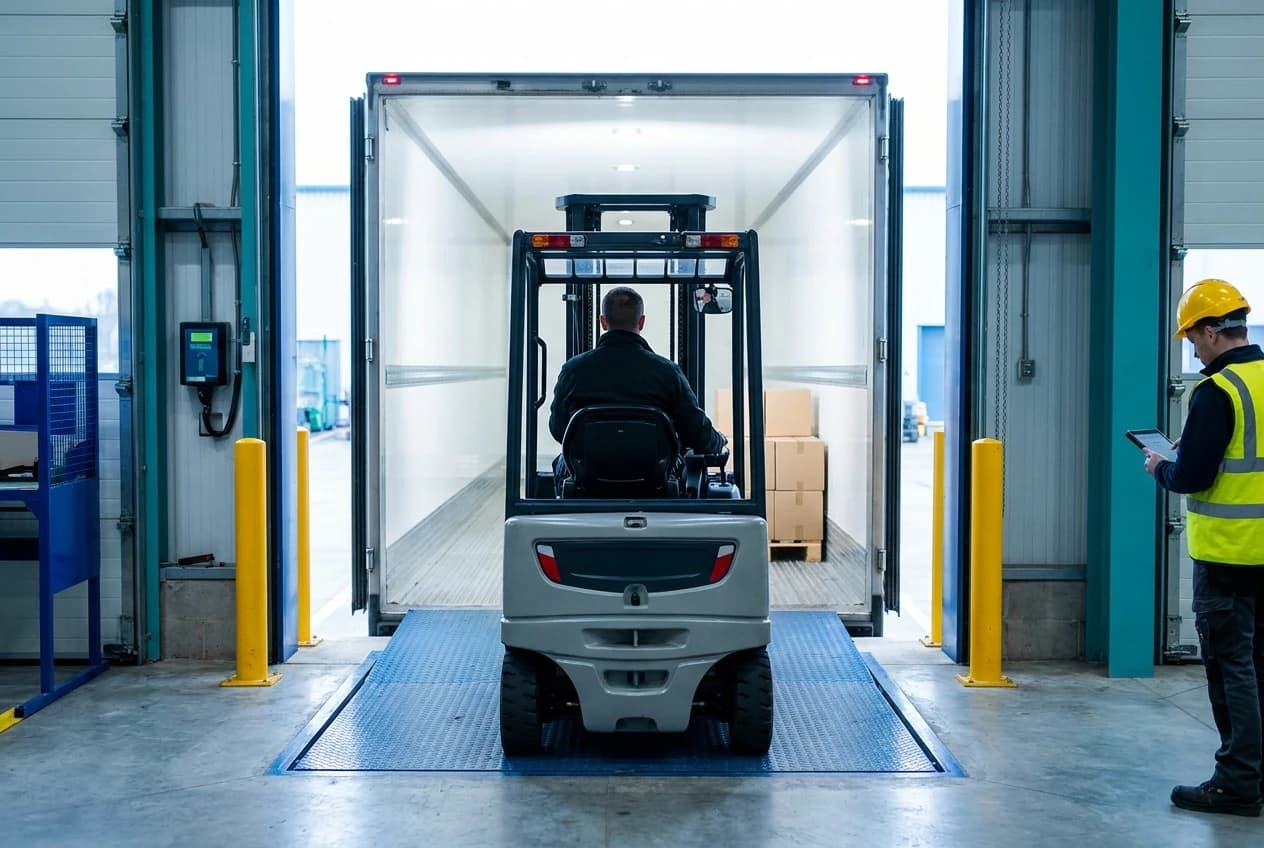 pallet truck loading items into a truck at warehouse dock