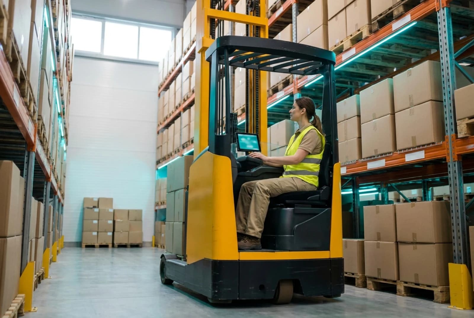 Forklift operator navigating warehouse aisles stacked with boxes in a 3PL facility