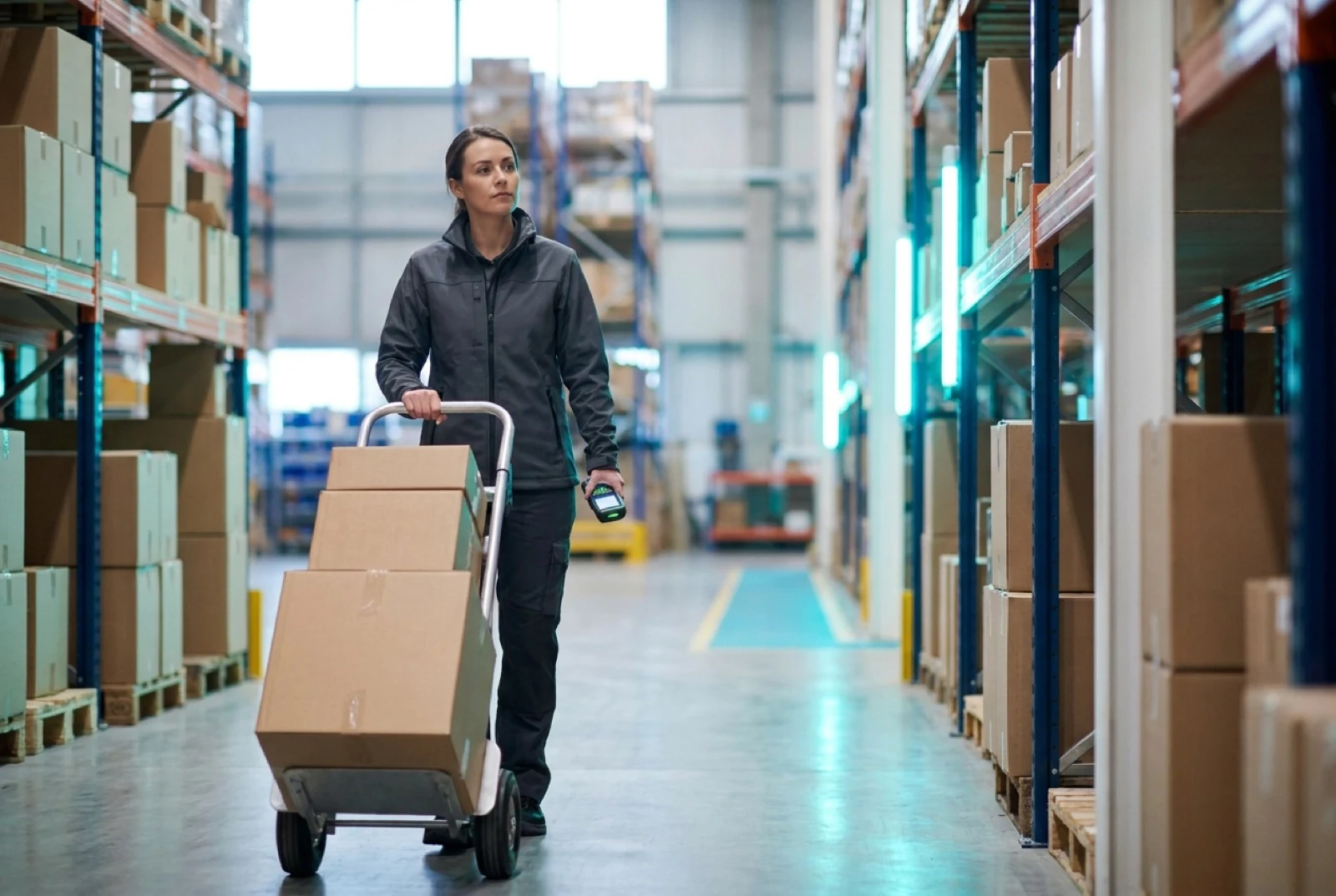 a delivery driver moving boxes with a dolly