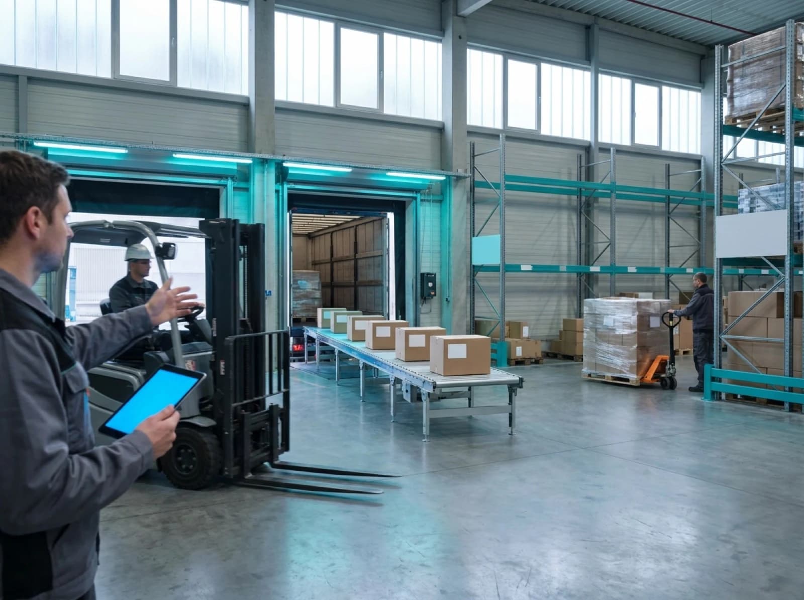a warehouse representation with racks, conveyors unloading a truck and forklift and pallet jacks moving boxes