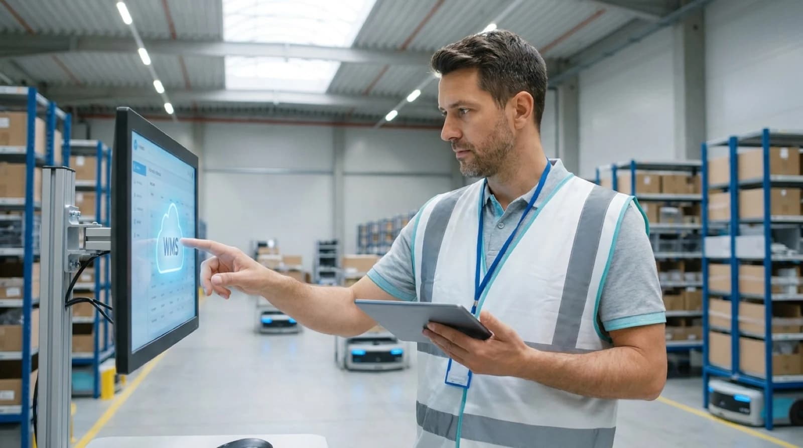manager using cloud wms warehouse management software tablet