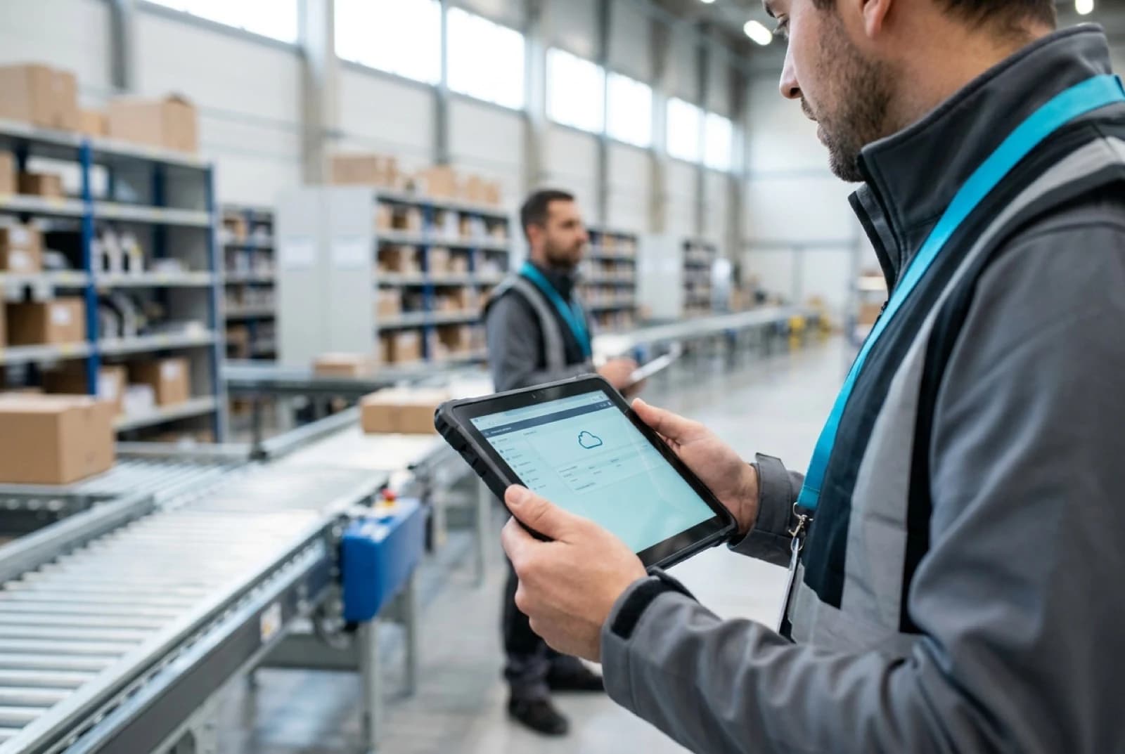 worker holding cloud wms warehouse management software tablet