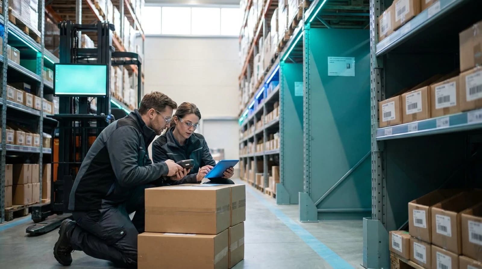 warehouse workers looking a boxes to confirm counts