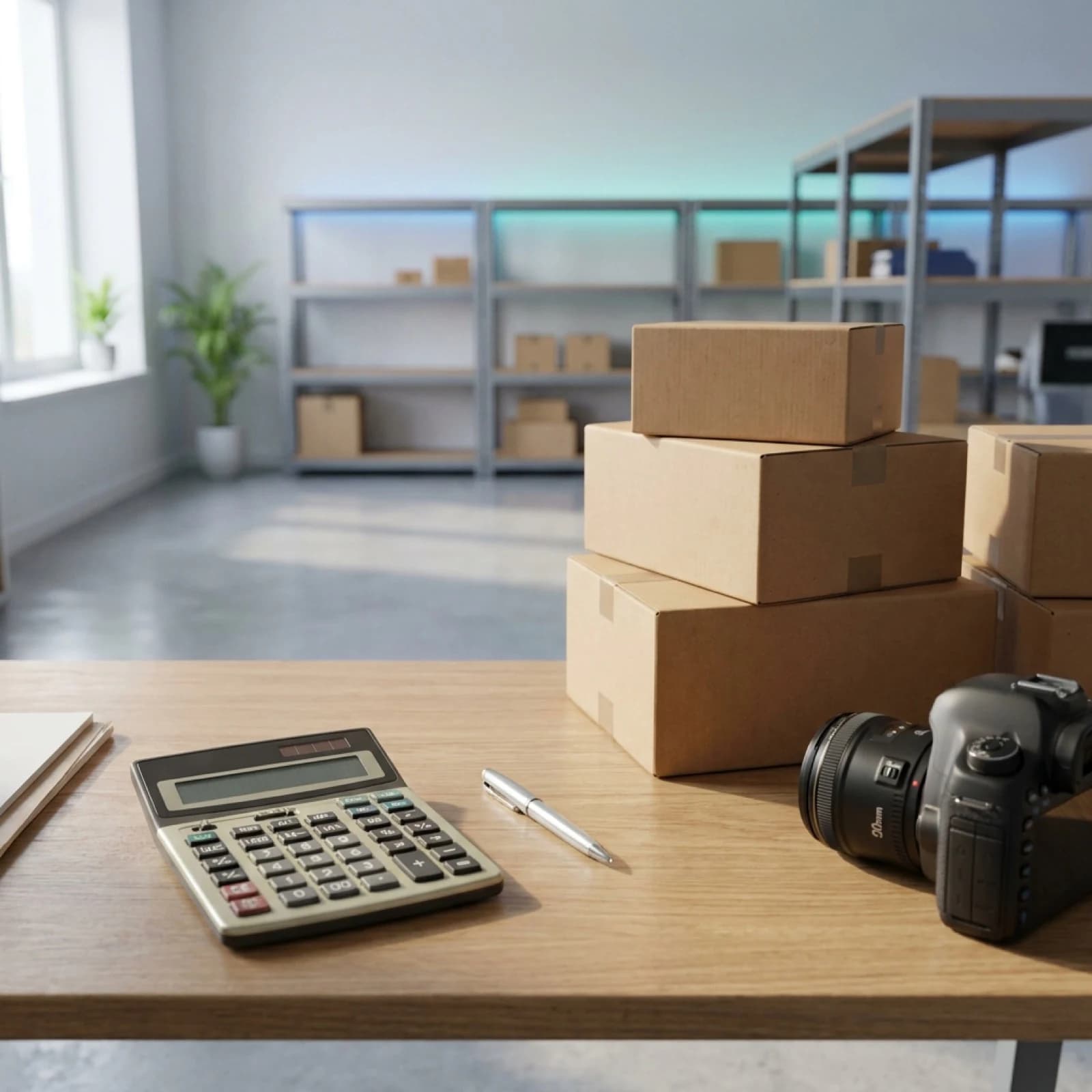 a desk with a calculator, pen and stack of boxes