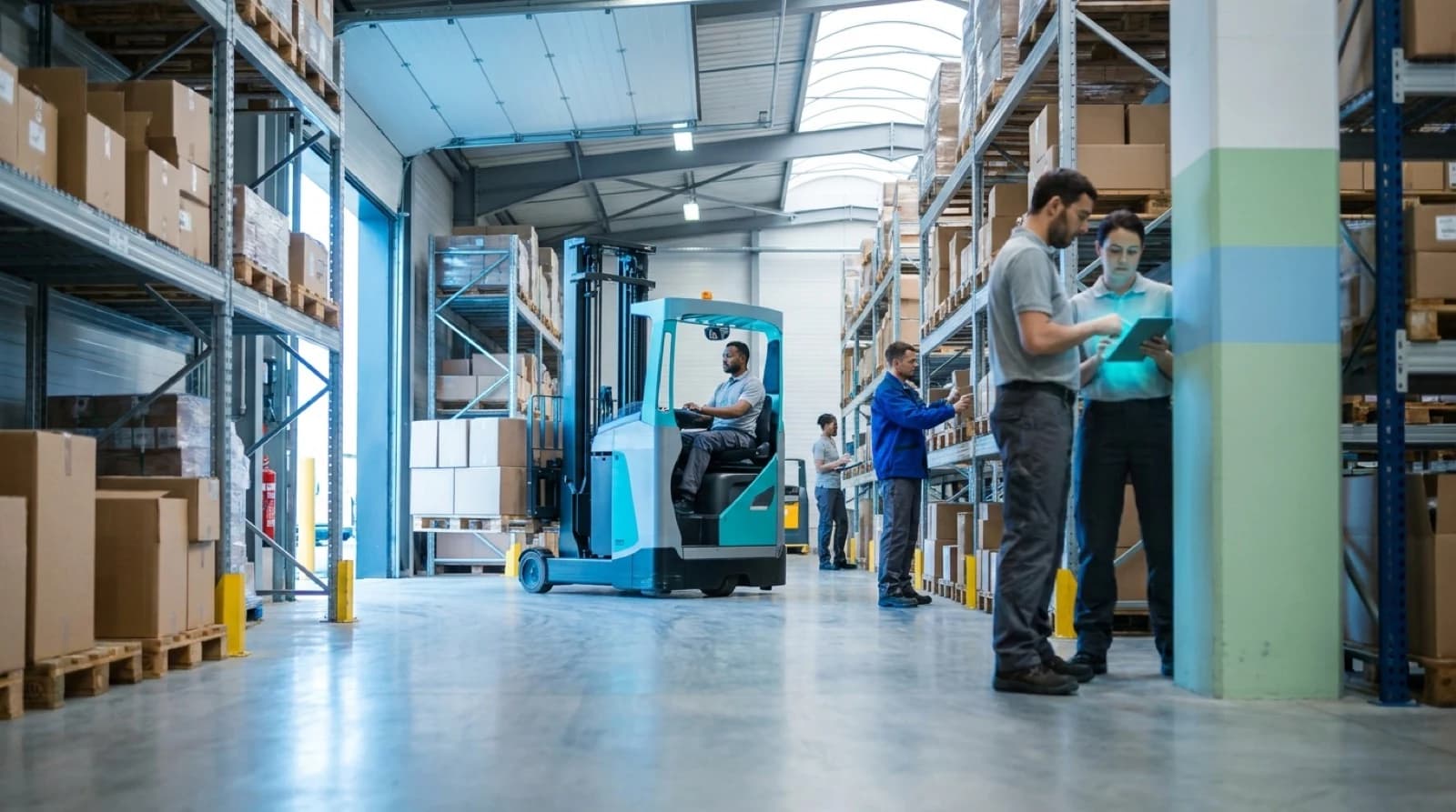 a warehouse with forklifts, workers, shelving
