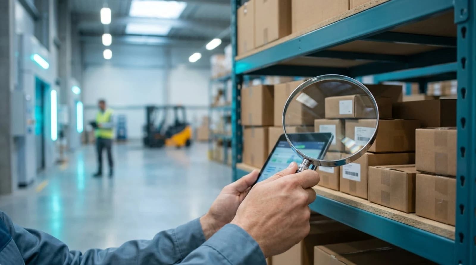 Magnifying glass examining warehouse shelves representing inventory audit and inspection process