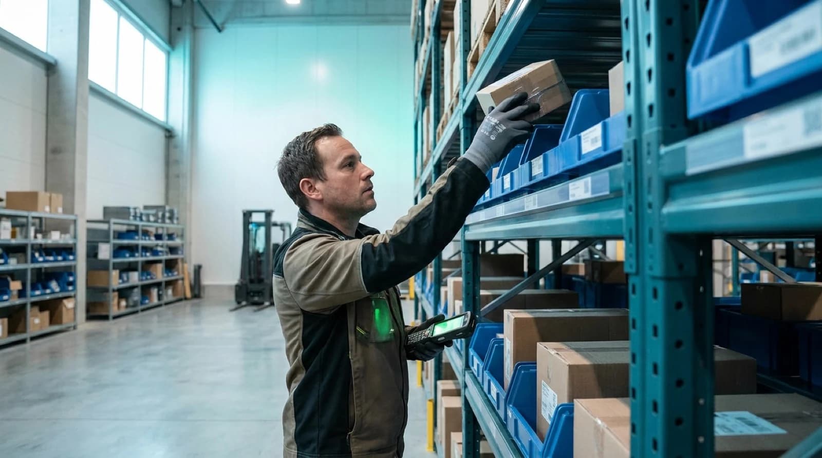 man in warehouse picking an item from a bin on a warehouse shelf